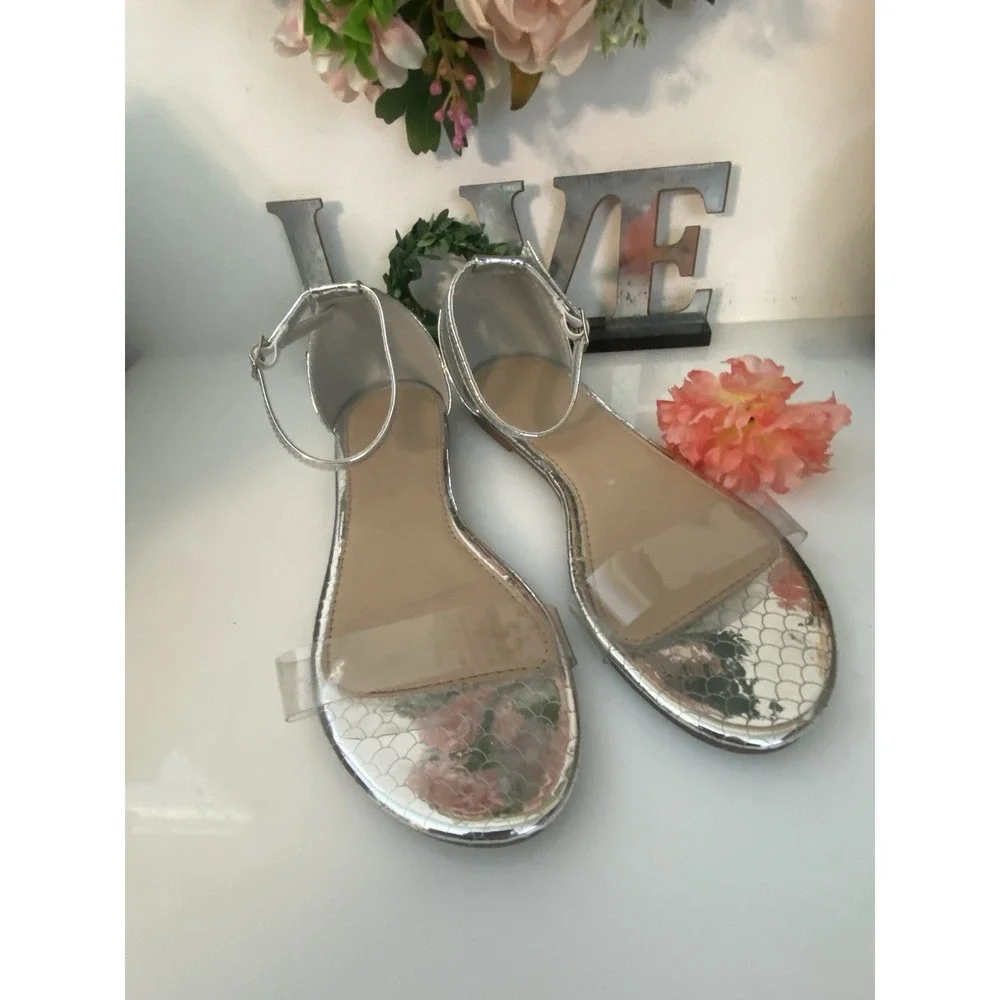 Clear Acrylic and Silver Faux Reptile Wild Diva Ankle Strap Sandals Size‎ 8/8.5